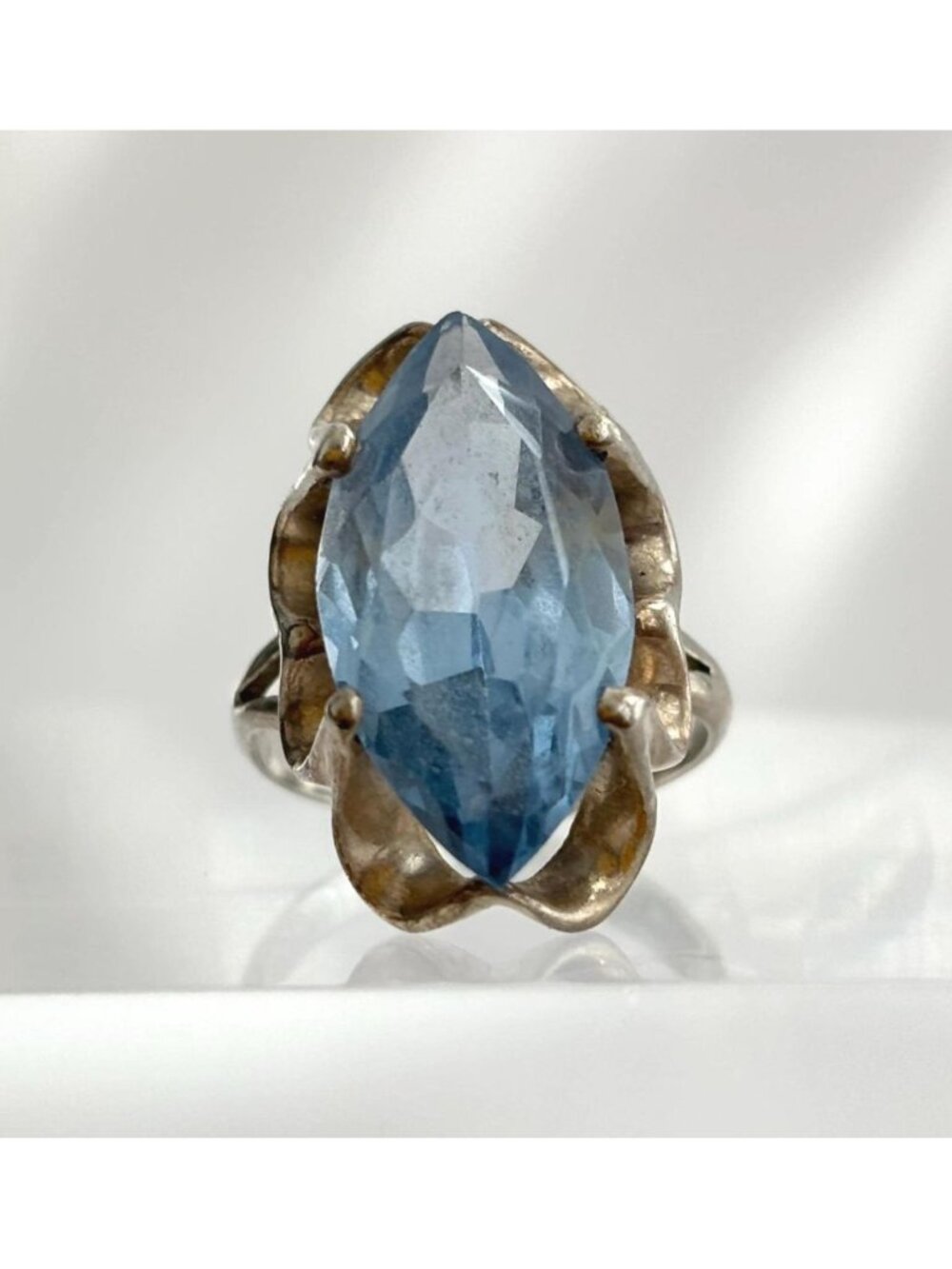 Jumbo Aquamarine Marquise Cut Sterling Silver 925 Vintage Ring - sz 4.25